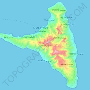 Topografische Karte Anjouan, Höhe, Relief