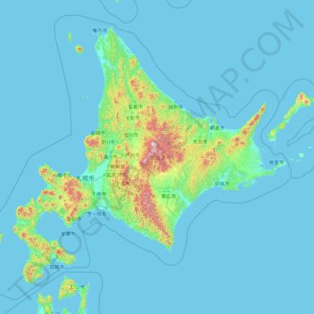 Topografische Karte Region Hokkaidō, Höhe, Relief