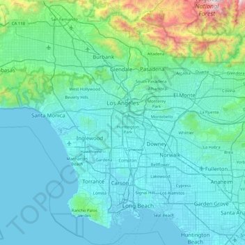 Topografische Karte Los Angeles, Höhe, Relief