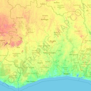 Topografische Karte Elfenbeinküste, Höhe, Relief