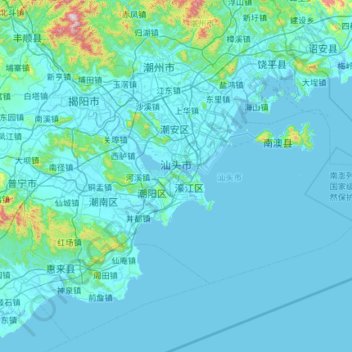 Topografische Karte Shantou, Höhe, Relief