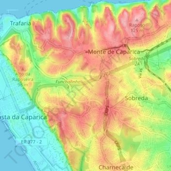 Topografische Karte Caparica, Höhe, Relief