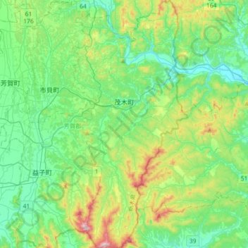 Topografische Karte 茂木町, Höhe, Relief