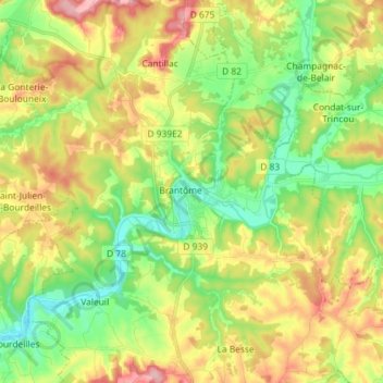 Topografische Karte Brantôme en Périgord, Höhe, Relief