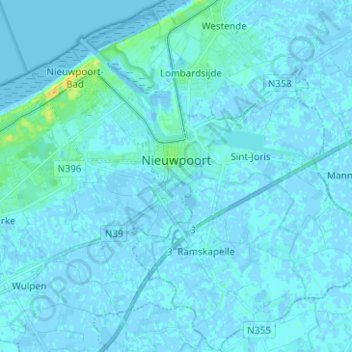 Topografische Karte Nieuwpoort, Höhe, Relief