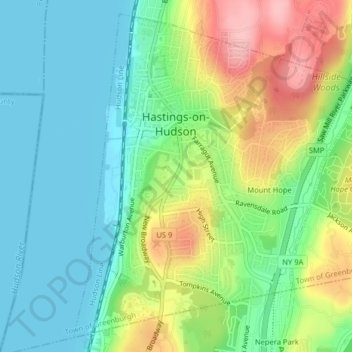 Topografische Karte Village of Hastings-on-Hudson, Höhe, Relief