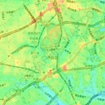 Topografische Karte Shibuya, Höhe, Relief