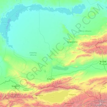 Topografische Karte Gebiet Almaty, Höhe, Relief