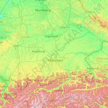 Topografische Karte Südbayern, Höhe, Relief