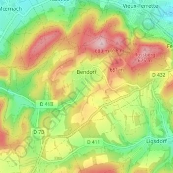Topografische Karte Bendorf, Höhe, Relief