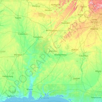 Topografische Karte Alabama, Höhe, Relief