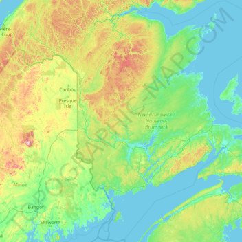Topografische Karte Nouveau-Brunswick, Höhe, Relief