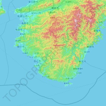 Topografische Karte Präfektur Wakayama, Höhe, Relief