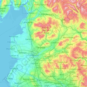 Topografische Karte Lancashire, Höhe, Relief