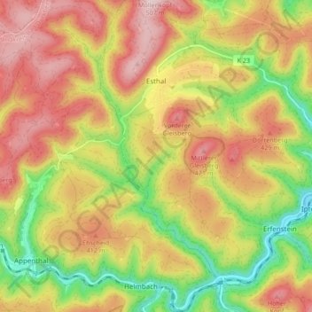 Topografische Karte Esthal, Höhe, Relief