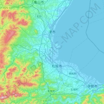 Topografische Karte 津市, Höhe, Relief