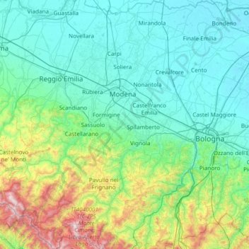 Topografische Karte Modena, Höhe, Relief