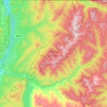 Topografische Karte Salmo-Priest Wilderness, Höhe, Relief