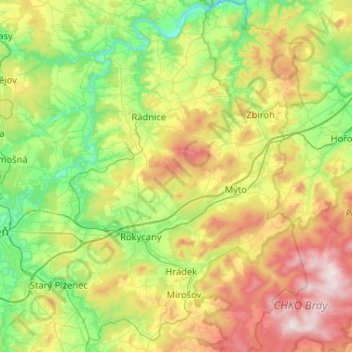 Topografische Karte Bezirk Rokitzan, Höhe, Relief
