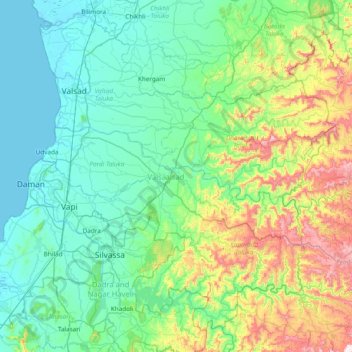 Topografische Karte Valsad, Höhe, Relief