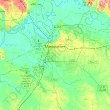 Topografische Karte Montgomery, Höhe, Relief
