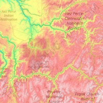 Topografische Karte Nez Perce National Forest, Höhe, Relief