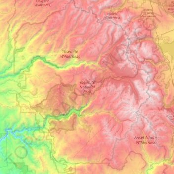 Topografische Karte Yosemite Nationalpark, Höhe, Relief