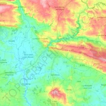 Topografische Karte Domfront en Poiraie, Höhe, Relief