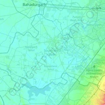 Topografische Karte South West Delhi District, Höhe, Relief