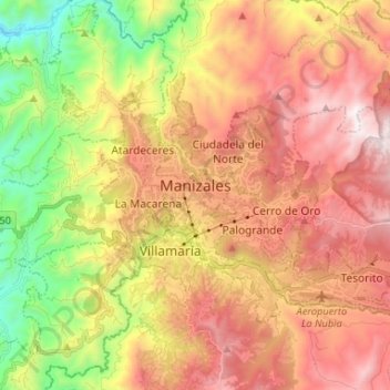 Topografische Karte Manizales, Höhe, Relief