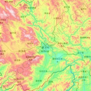 Topografische Karte Jinghong City, Höhe, Relief