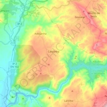 Topografische Karte Adeganha e Cardanha, Höhe, Relief