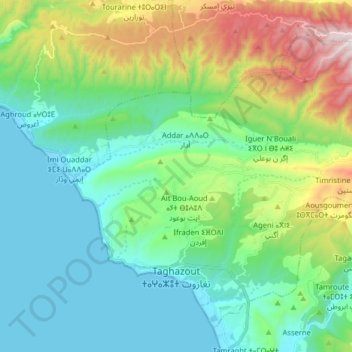 Topografische Karte Taghazout ⵜⴰⵖⴰⵣⵓⵜ تغازوت, Höhe, Relief
