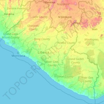 Topografische Karte Liberia, Höhe, Relief