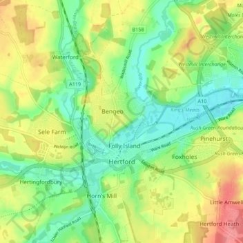 Topografische Karte Hertford, Höhe, Relief