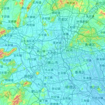 Topografische Karte Foshan, Höhe, Relief