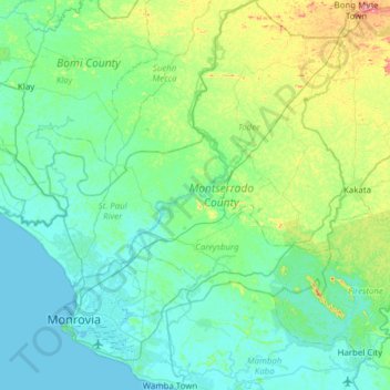 Topografische Karte Montserrado County, Höhe, Relief