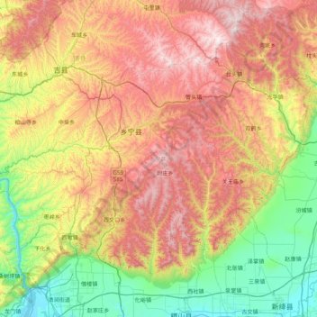 Topografische Karte Xiangning County, Höhe, Relief