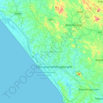 Topografische Karte Thiruvananthapuram, Höhe, Relief
