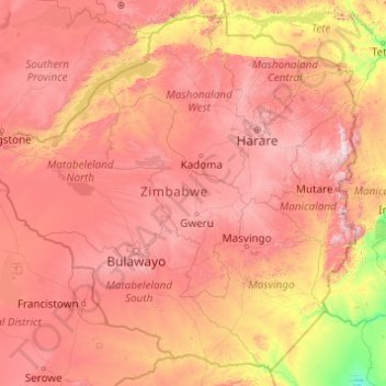 Topografische Karte Simbabwe, Höhe, Relief