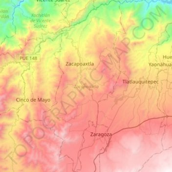 Topografische Karte Zacapoaxtla, Höhe, Relief