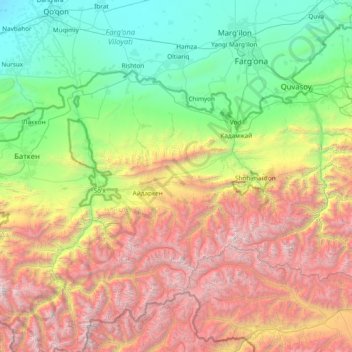 Topografische Karte Кадамжайский район - Кадамжай району, Höhe, Relief