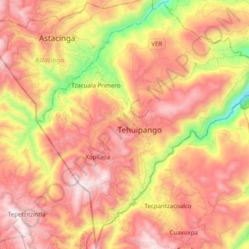 Topografische Karte Tehuipango, Höhe, Relief