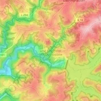 Topografische Karte Dhünntal und Linnefetal mit Seitentälern, Höhe, Relief