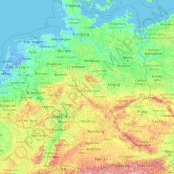 Topografische Karte Deutschland, Höhe, Relief