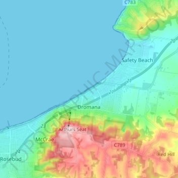 Topografische Karte Dromana, Höhe, Relief