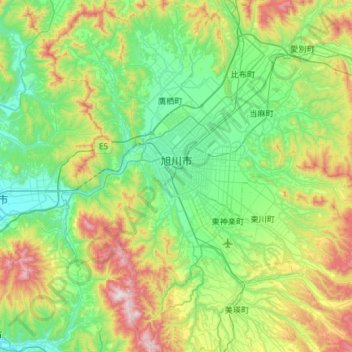 Topografische Karte Asahikawa, Höhe, Relief