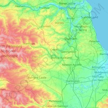 Topografische Karte County Durham, Höhe, Relief