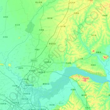 Topografische Karte Hulan, Höhe, Relief