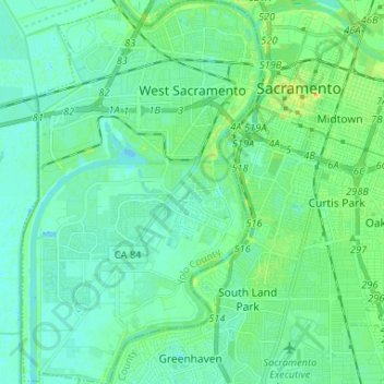 Topografische Karte West Sacramento, Höhe, Relief
